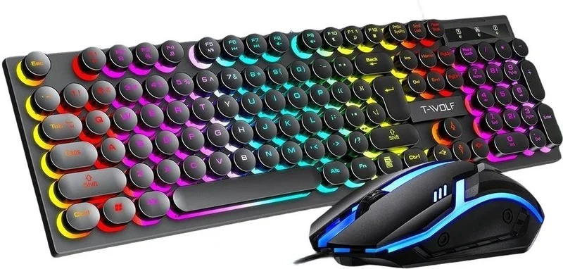 Valkyrie T-Wolf TF270 Rainbow RGB Mechanical Feel Gaming Keyboard Mouse Set Punk Keycap English