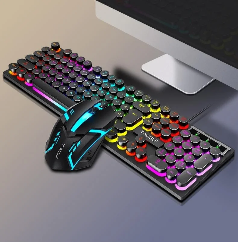 Valkyrie T-Wolf TF270 Rainbow RGB Mechanical Feel Gaming Keyboard Mouse Set Punk Keycap English
