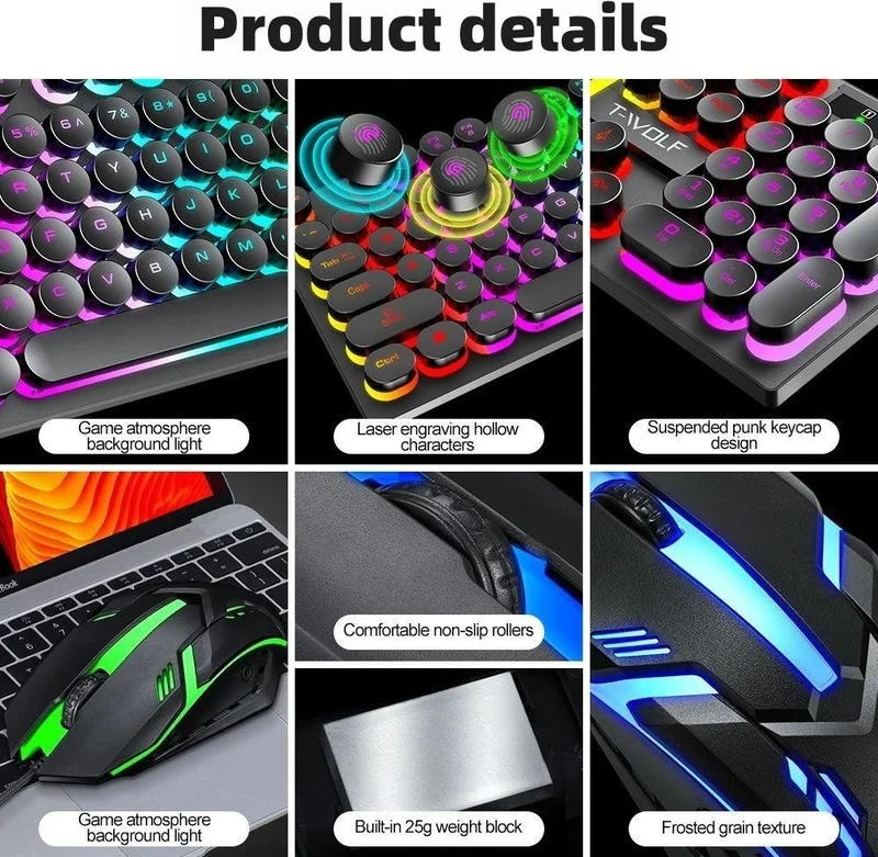 Valkyrie T-Wolf TF270 Rainbow RGB Mechanical Feel Gaming Keyboard Mouse Set Punk Keycap English