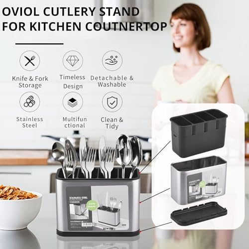 OVIOL Stainless Steel Spoon Stand for Kitchen Steel Cutlery Stand Spoon Organizer for Kitchen Cutlery Holder for KitchenCountertop Forks Spatula Knives Spoon Holder Rustproof Durable. - Image 4