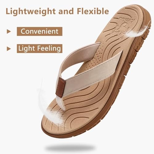 KuaiLu Womens Casual Flip Flops Comfortable Yoga Mat Arch Support Memory Foam Comfort Cushion Summer Beach Pool Slip on Walking Thong Sandals Ladies Orthotic Recovery Plantar Fasciitis Beige Size 7 - Image 4