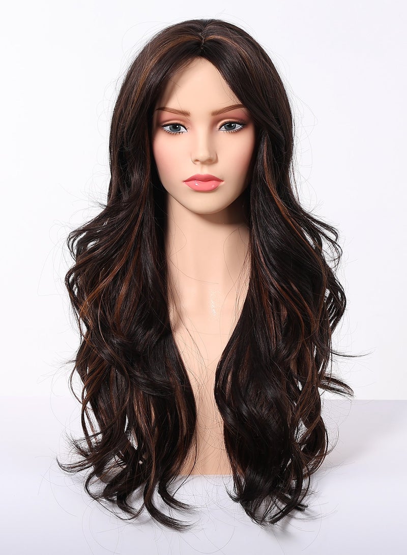 Haicable Long Wavy Wig with Bangs for Women, Natural Soft Synthetic Heat Resistant Hair Wig for Wedding Cosplay Party Daily Wear, Brown Black, 66cm (26 inches) - Image 5