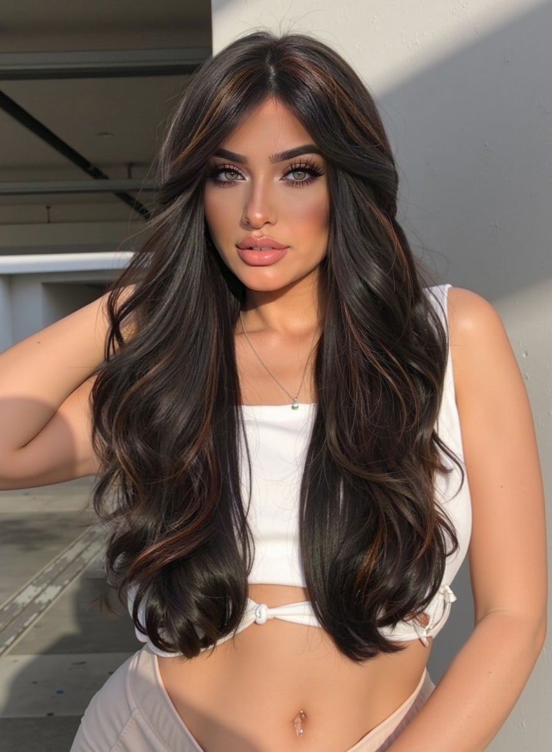 Haicable Long Wavy Wig with Bangs for Women, Natural Soft Synthetic Heat Resistant Hair Wig for Wedding Cosplay Party Daily Wear, Brown Black, 66cm (26 inches) - Image 3