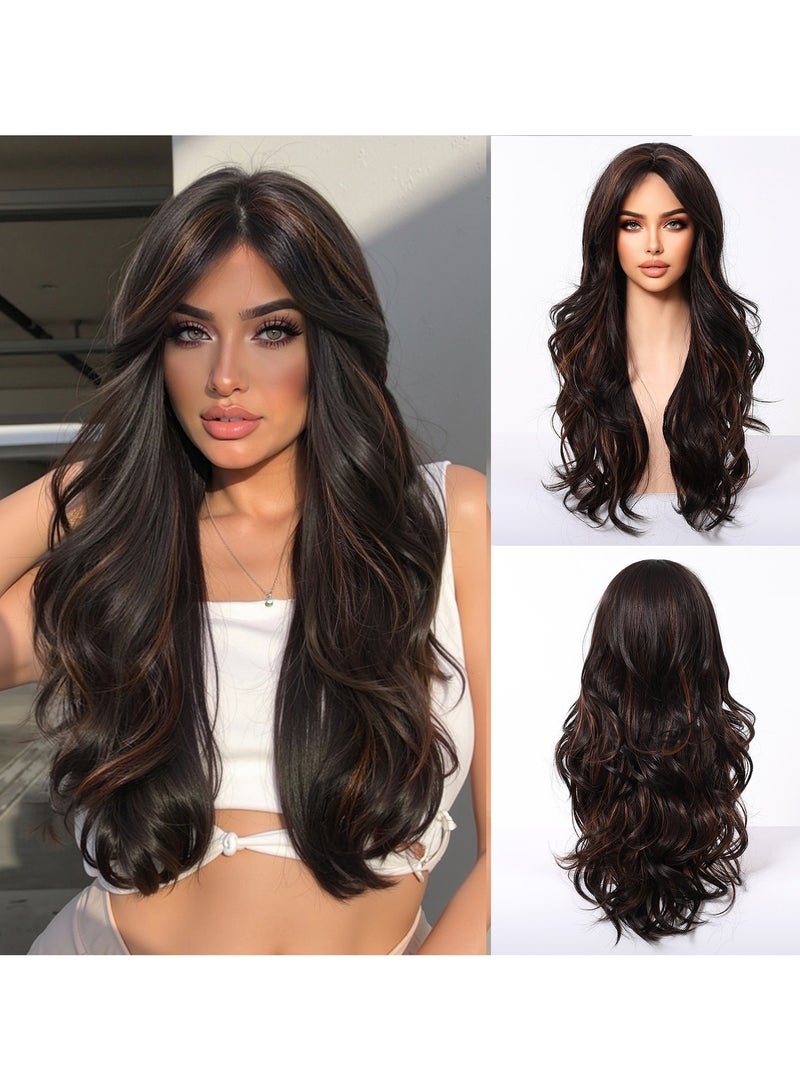 Haicable Long Wavy Wig with Bangs for Women, Natural Soft Synthetic Heat Resistant Hair Wig for Wedding Cosplay Party Daily Wear, Brown Black, 66cm (26 inches) - Image 1