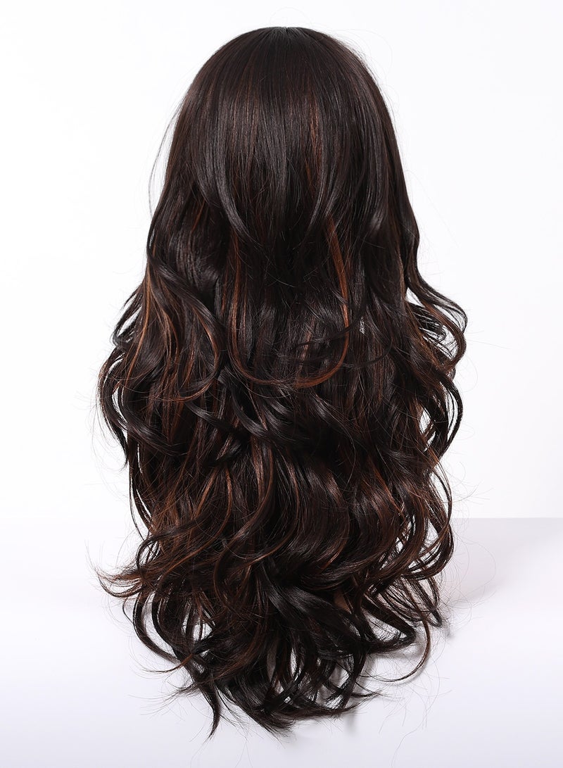 Haicable Long Wavy Wig with Bangs for Women, Natural Soft Synthetic Heat Resistant Hair Wig for Wedding Cosplay Party Daily Wear, Brown Black, 66cm (26 inches) - Image 2