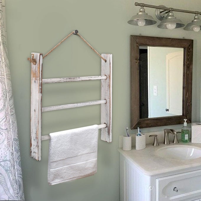 RUSTIC WOOD LADDER HAND TOWEL RACK FOR BATHROOM FARMHOUSE BLANKET LADDER FOR LIVING ROOM HANGING DECORATIVE RACK FOR BLANKETS WHITEWASHED TOWEL RACK WITH ROPE WHITEWASHED