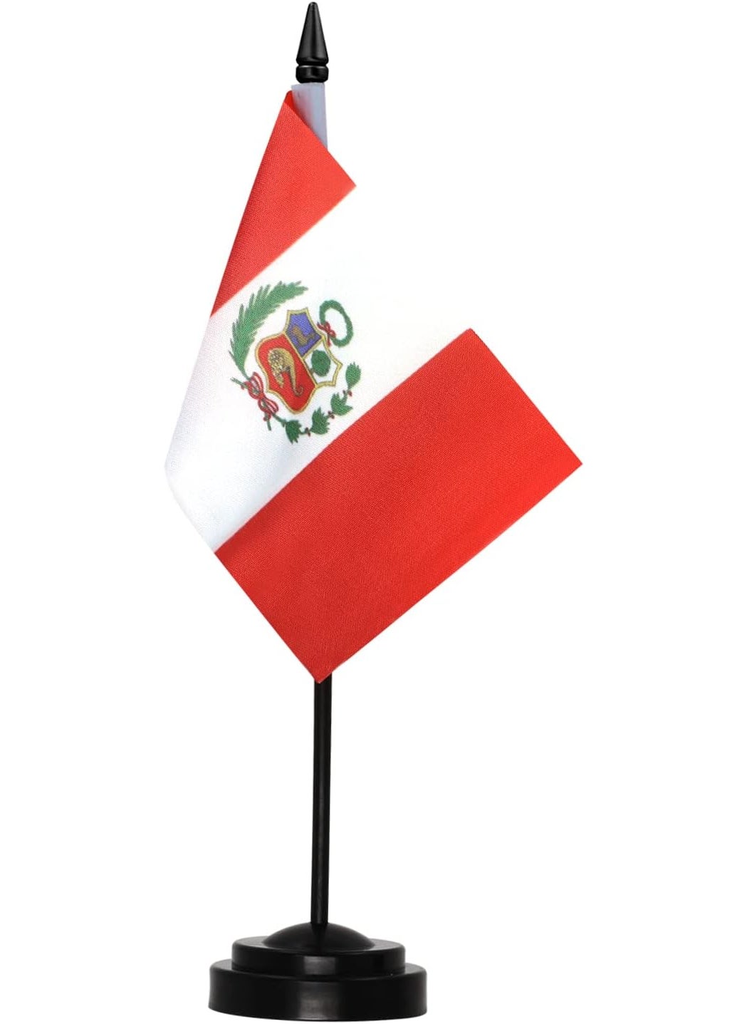 Anley Anley Peru Deluxe Desk Flag Set  6 x 4 Inch Miniature Peruvian PE Desktop Flag with 12 Solid Pole  Vivid Color and Fade Resistant  Black Base and Spear Top  - Image 1