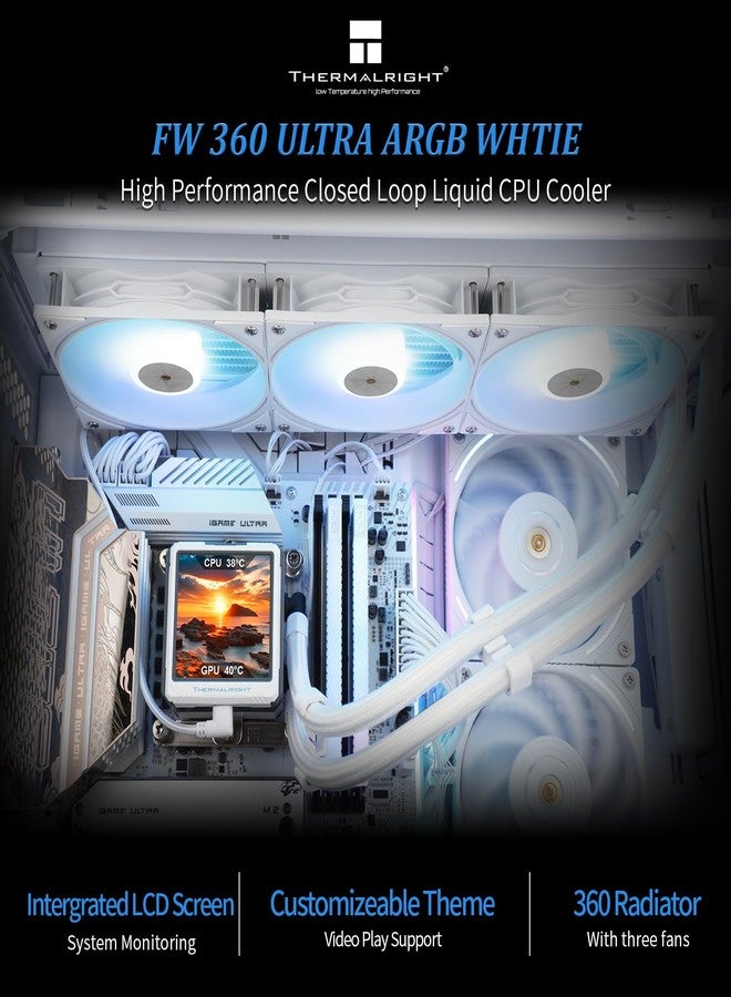 ثيرمالرايت مبرد المعالج Thermalright FW360 Ultra ARGB أبيض اللون، مزود بثلاث مراوح PWM بسرعة 2000 دورة في الدقيقة، وشاشة IPS LCD بدقة 480×480 بكسل، ومبرد سائل للمعالج متوافق مع مقبس AM5؛ Intel LGA1700/1851، وشاشة LCD مقاس 2.88 بوصة. - Image 3