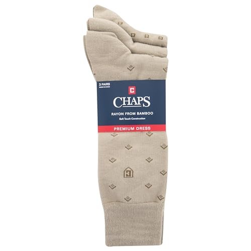 Chaps Mens Classic Crew - 3 Pair Pack Pattern And Solid Color Designs Dress Sock, Diamond (Khaki), 6-12 US - Image 3