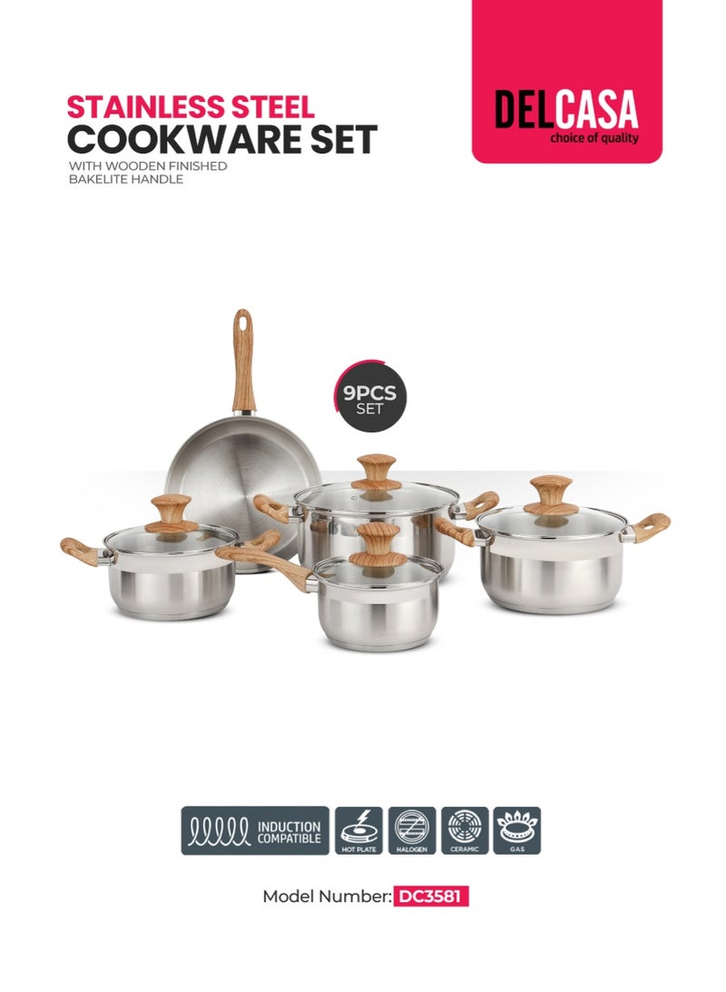 ديلكاسا طقم أواني طهي ديلكاسا من الفولاذ المقاوم للصدأ مكون من 9 قطع DC3581، طاجن 24 سم مع غطاء، طاجن 20 سم مع غطاء، طاجن 18 سم مع غطاء، مقلاة 24 سم، قدر 16 سم مع غطاء - Image 1