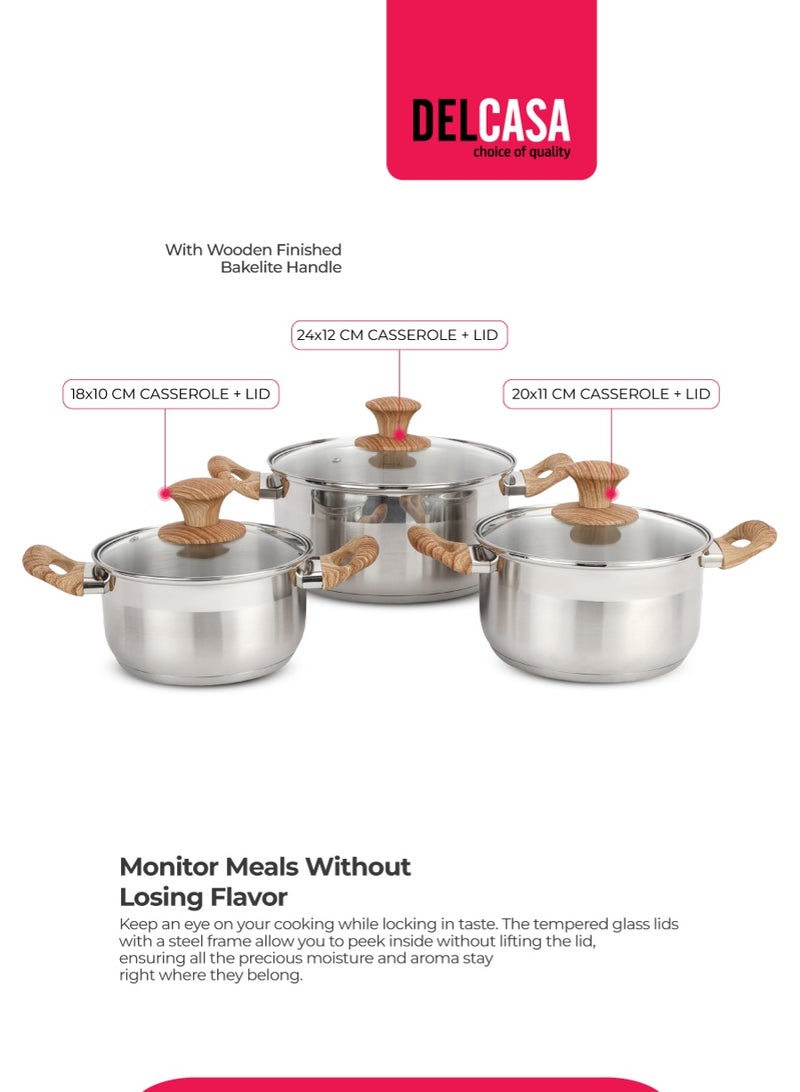 ديلكاسا طقم أواني طهي ديلكاسا من الفولاذ المقاوم للصدأ مكون من 9 قطع DC3581، طاجن 24 سم مع غطاء، طاجن 20 سم مع غطاء، طاجن 18 سم مع غطاء، مقلاة 24 سم، قدر 16 سم مع غطاء - Image 3