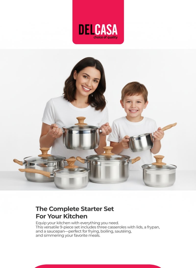 ديلكاسا طقم أواني طهي ديلكاسا من الفولاذ المقاوم للصدأ مكون من 9 قطع DC3581، طاجن 24 سم مع غطاء، طاجن 20 سم مع غطاء، طاجن 18 سم مع غطاء، مقلاة 24 سم، قدر 16 سم مع غطاء - Image 2