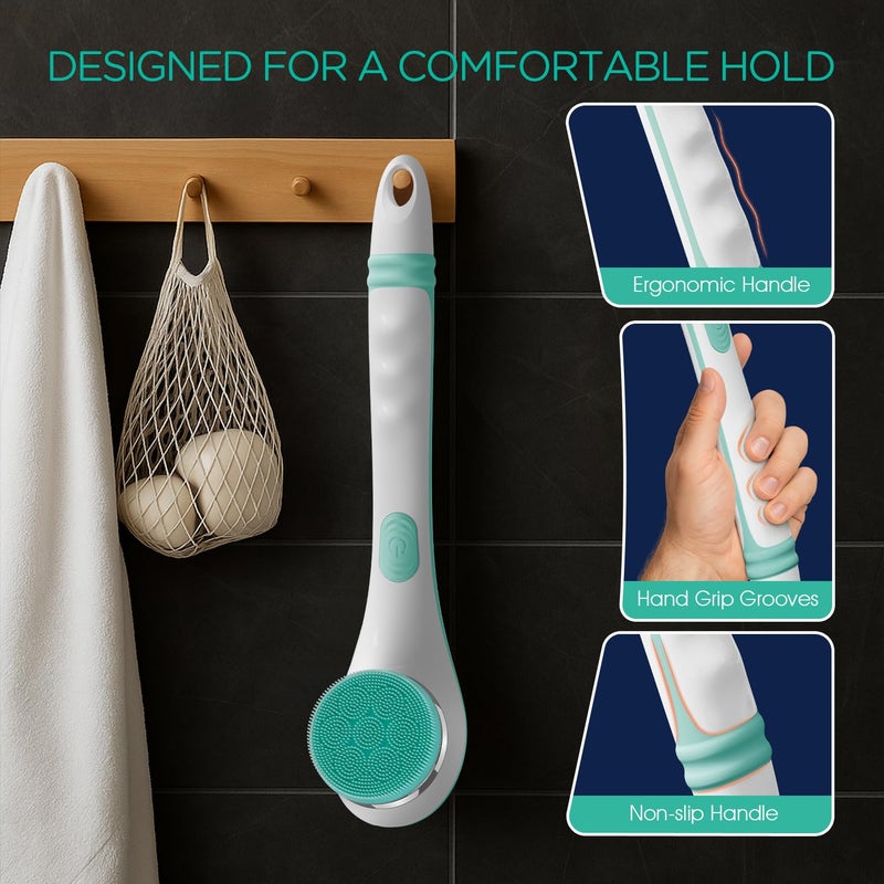 VOYOR Electric Silicone Body Scrubber, Back Scrubber for Shower, Waterproof Long Handle Body Brush, Rechargeable Power Bath Brush for Cleansing, Exfoliating, Massaging Skin BC100 (Blue) - Image 4