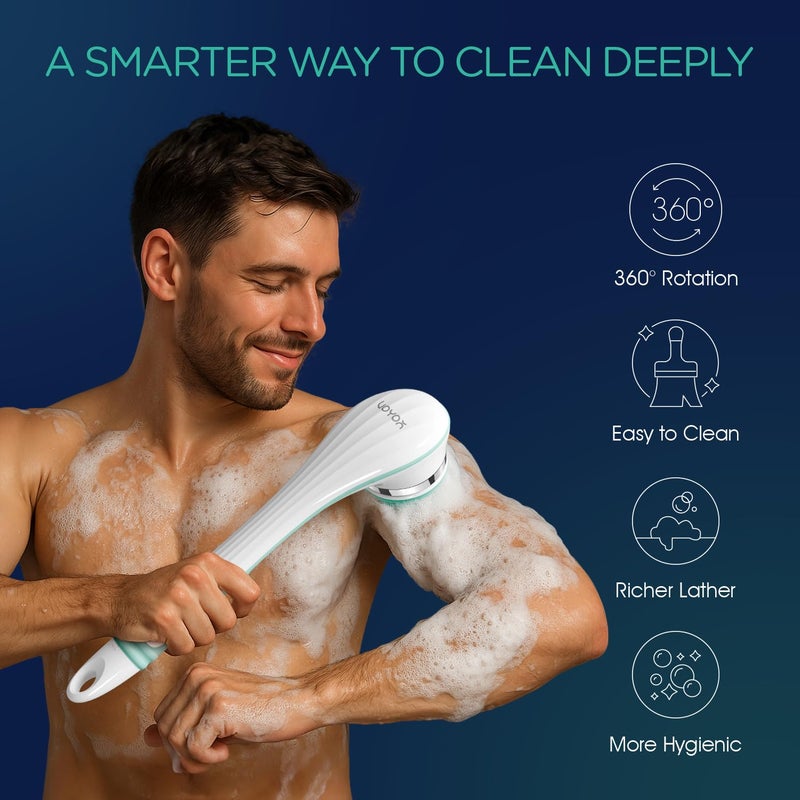 VOYOR Electric Silicone Body Scrubber, Back Scrubber for Shower, Waterproof Long Handle Body Brush, Rechargeable Power Bath Brush for Cleansing, Exfoliating, Massaging Skin BC100 (Blue) - Image 2