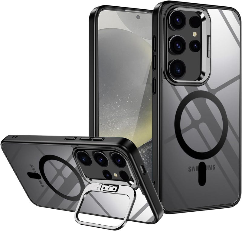 VONZEE PC Compatible For Samsung S24 Ultra 5G Case, Compatible With Magsafe, Military-Grade Protective Case, Built-In Stash Stand Phone Case, Scratch-Resistant Back Cover, Classic Series|Clear Black - Image 1