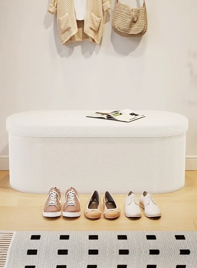 رافين مقعد تخزين واسع متعدد الوظائف بتصميم حافة دائرية على شكل بيضاوي، قابل للطي ومريح، مقعد جلوس ناعم من الإسفنج لغرفة النوم، عثماني مع خزانة تخزين، مقعد تخزين مبطن بفرو الضأن للمدخل، غرف المعيشة، الممر 71 × 38 × 40 سم - Image 2