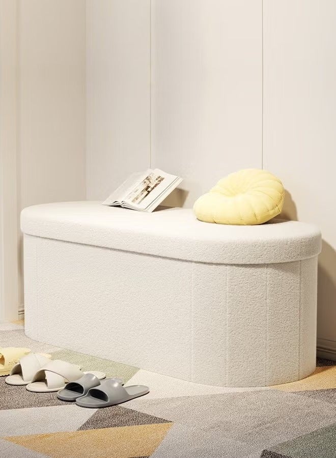 رافين مقعد تخزين واسع متعدد الوظائف بتصميم حافة دائرية على شكل بيضاوي، قابل للطي ومريح، مقعد جلوس ناعم من الإسفنج لغرفة النوم، عثماني مع خزانة تخزين، مقعد تخزين مبطن بفرو الضأن للمدخل، غرف المعيشة، الممر 71 × 38 × 40 سم - Image 1
