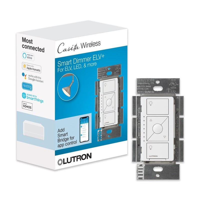 Lutron Caseta Original Smart Dimmer Switch ELV+ (Lutron Hub Required), 250W LED, Single-Pole/3-Way, Neutral Required, PD-5NE-WH, White - Image 1