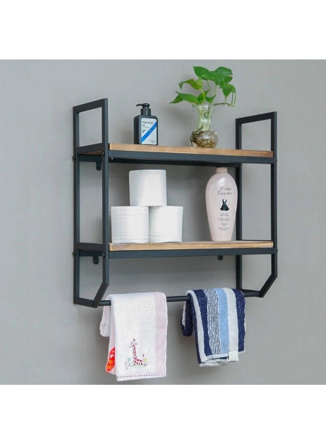 رف حمام 2مستوى و فواطه هيكل ستيل اسود اسطح خشب ام دى اف