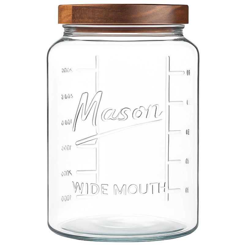 kitchentoolz Extra Large Mason Jar - 1 Gallon Glass Wide Mouth Jar with Airtight Wooden Lid, Food Storage Container with Measurement Markings For Kitchen Pantry, Pickling, Cookies, Flour & Sugar - Image 1