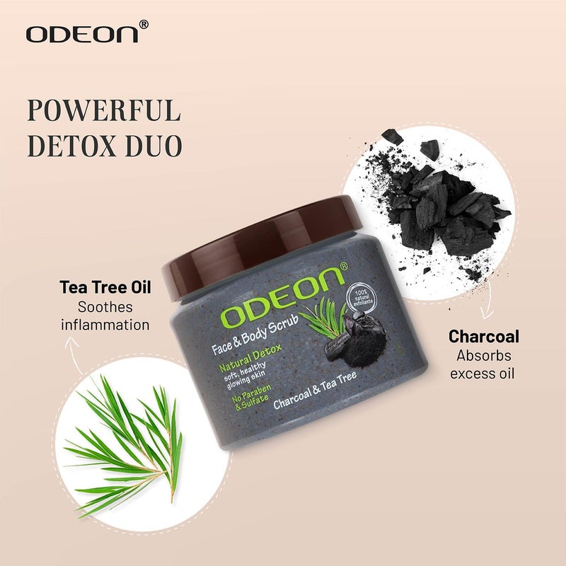 ODEON Charcoal  Tea Tree Oil Body Scrub 300ml  Face Scrub for Oily Skin  Body Scrub to Fight Body Odour  Bacteria  Gentle Exfoliating Scrub  Face Scrub for Natural Detox Soft  Glowing Skin - Image 5