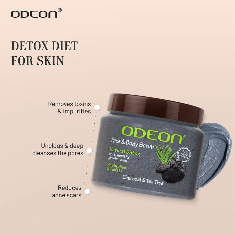 ODEON Charcoal  Tea Tree Oil Body Scrub 300ml  Face Scrub for Oily Skin  Body Scrub to Fight Body Odour  Bacteria  Gentle Exfoliating Scrub  Face Scrub for Natural Detox Soft  Glowing Skin - Image 4