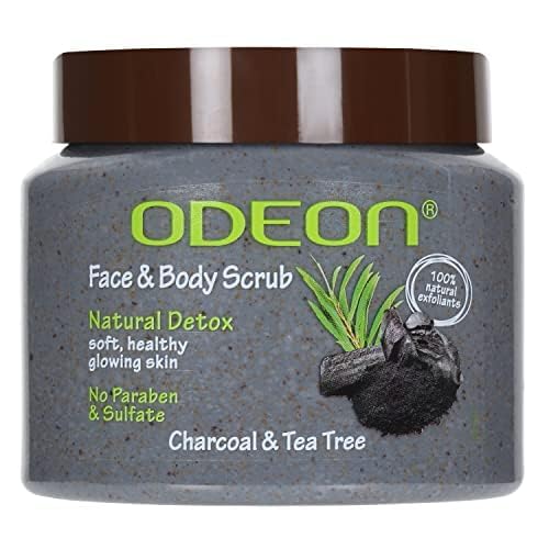 ODEON Charcoal  Tea Tree Oil Body Scrub 300ml  Face Scrub for Oily Skin  Body Scrub to Fight Body Odour  Bacteria  Gentle Exfoliating Scrub  Face Scrub for Natural Detox Soft  Glowing Skin - Image 2