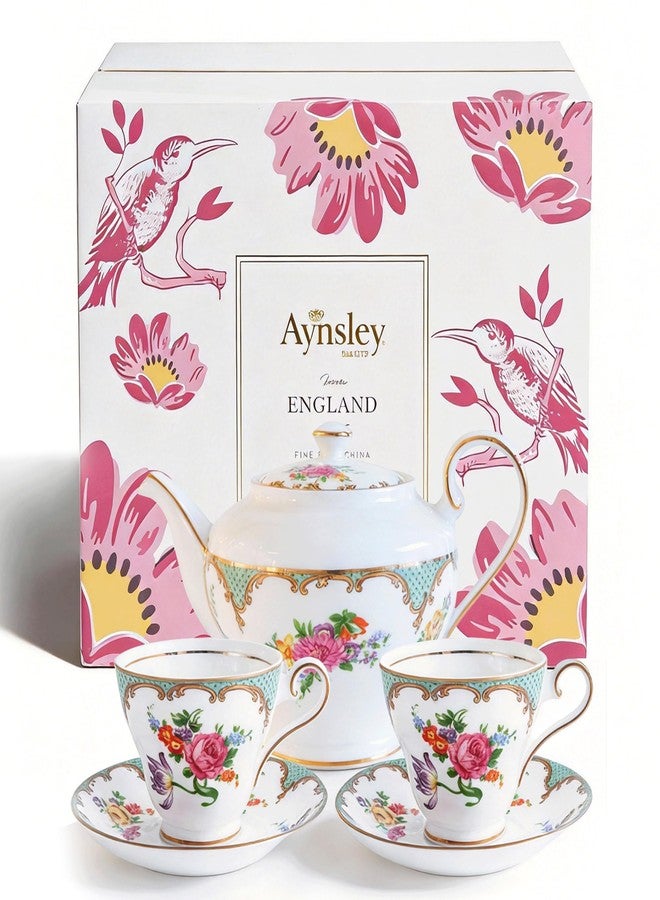 Aynsley إبريق شاي من الخزف الصيني الفاخر من آينسلي، طقم من فنجانين وصحنين من ويلتون - Image 1