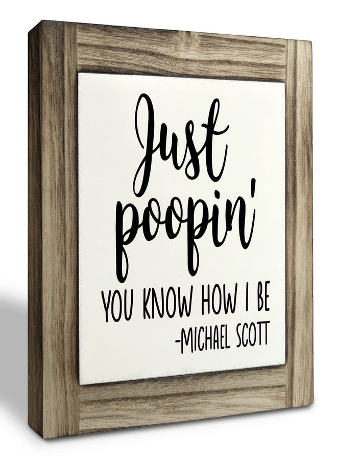 XJCUG Funny Restroom Wood Plaque Sign, Just Pooping', Box Wood Plaques Desk Décor 5.9×5.9×0.7inch, Bathroom Humor, Small Signs for Home Decor Shelf, Rustic Restroom Sign, Framed Plaques Restroom Shelf - Image 1