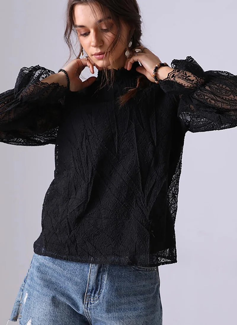 YUNIQEE Black Round Neck Long Sleeves Regular Top