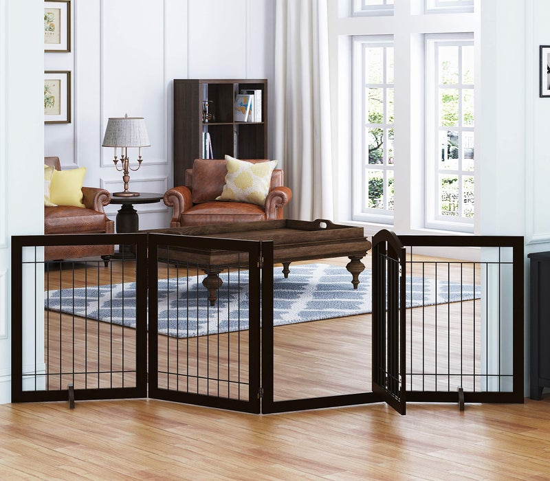 SPIRICH 96inch Extra Wide 30inches Tall Dog Gate with Door Walk Through Freestanding Wire Pet Gate for The House Doorway Stairs Pet Puppy Safety Fence Support Feet IncludedEspresso