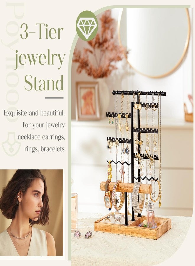 Poyilooo Earring Holder Jewelry Stand, 3 Tier Jewelry Organizer with Ring Holder Tray for Necklace Earring Keychains Bracelet Rings Display Jewelry Tree Stand (Carbonized Brown) - Image 5