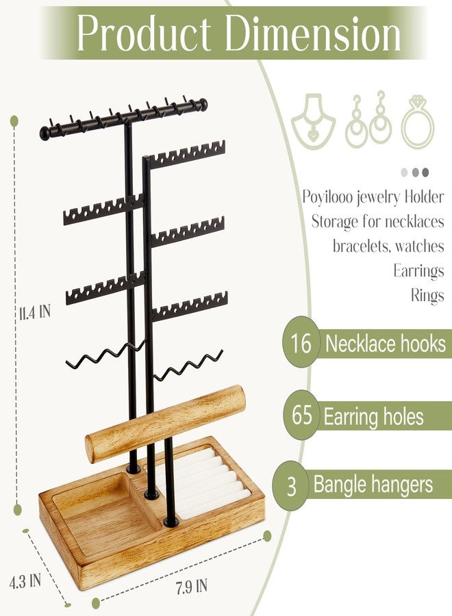 Poyilooo Earring Holder Jewelry Stand, 3 Tier Jewelry Organizer with Ring Holder Tray for Necklace Earring Keychains Bracelet Rings Display Jewelry Tree Stand (Carbonized Brown) - Image 3