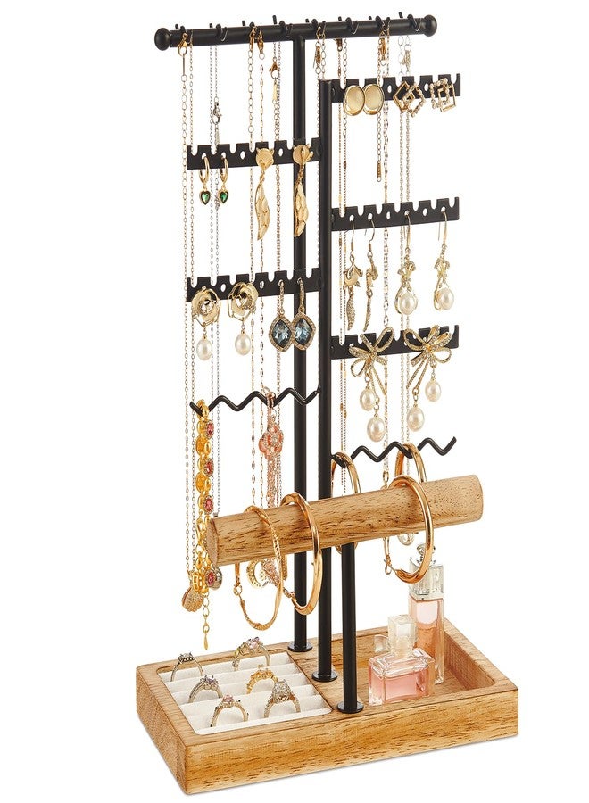 Poyilooo Earring Holder Jewelry Stand, 3 Tier Jewelry Organizer with Ring Holder Tray for Necklace Earring Keychains Bracelet Rings Display Jewelry Tree Stand (Carbonized Brown) - Image 1