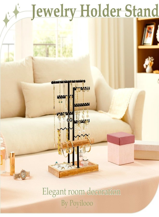 Poyilooo Earring Holder Jewelry Stand, 3 Tier Jewelry Organizer with Ring Holder Tray for Necklace Earring Keychains Bracelet Rings Display Jewelry Tree Stand (Carbonized Brown) - Image 2