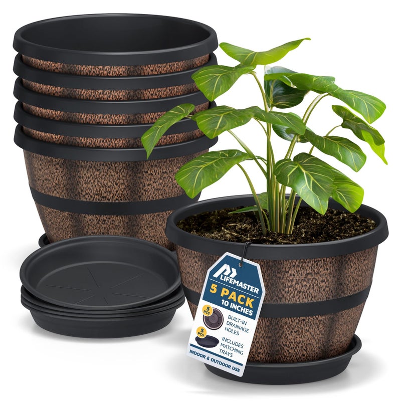 Lifemaster 10-Inch Whiskey Barrel Planters Outdoor Pack of 5, Plastic Decoration Plant Pots for Indoor & Outdoor Use with Drainage & Saucer, Rustic Garden Planters for Flowers, Small Plants & Herbs - Image 1