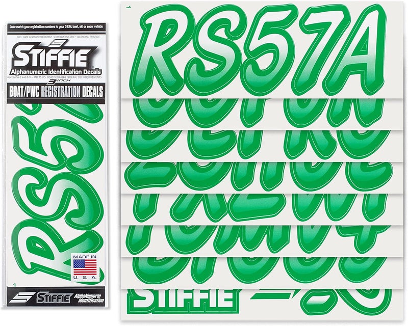 Stiffie Whipline White/Green 3" Boat & PWC Registration Decals • Numbers Letters Stickers - Image 2