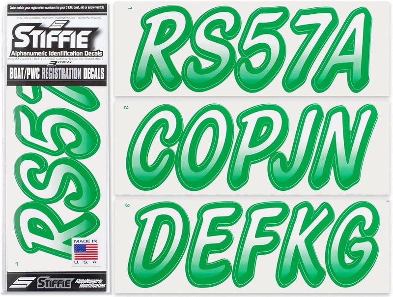 Stiffie Whipline White/Green 3" Boat & PWC Registration Decals • Numbers Letters Stickers - Image 1