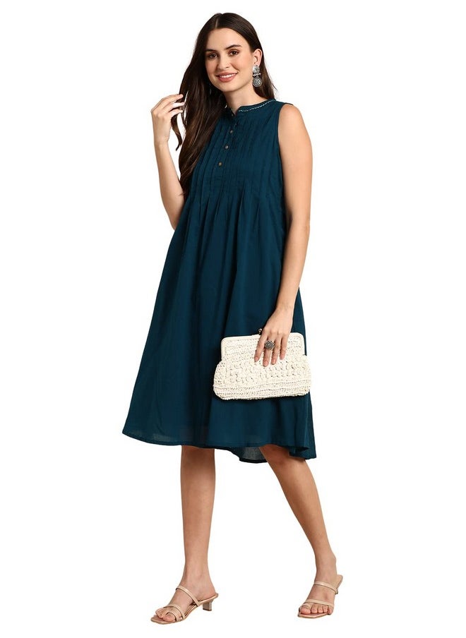 Janasya - Janasya Women's Teal Cotton Western Dress (J0395-DR-L) - Image 1