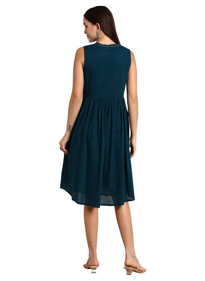 Janasya - Janasya Women's Teal Cotton Western Dress (J0395-DR-L) - Image 1