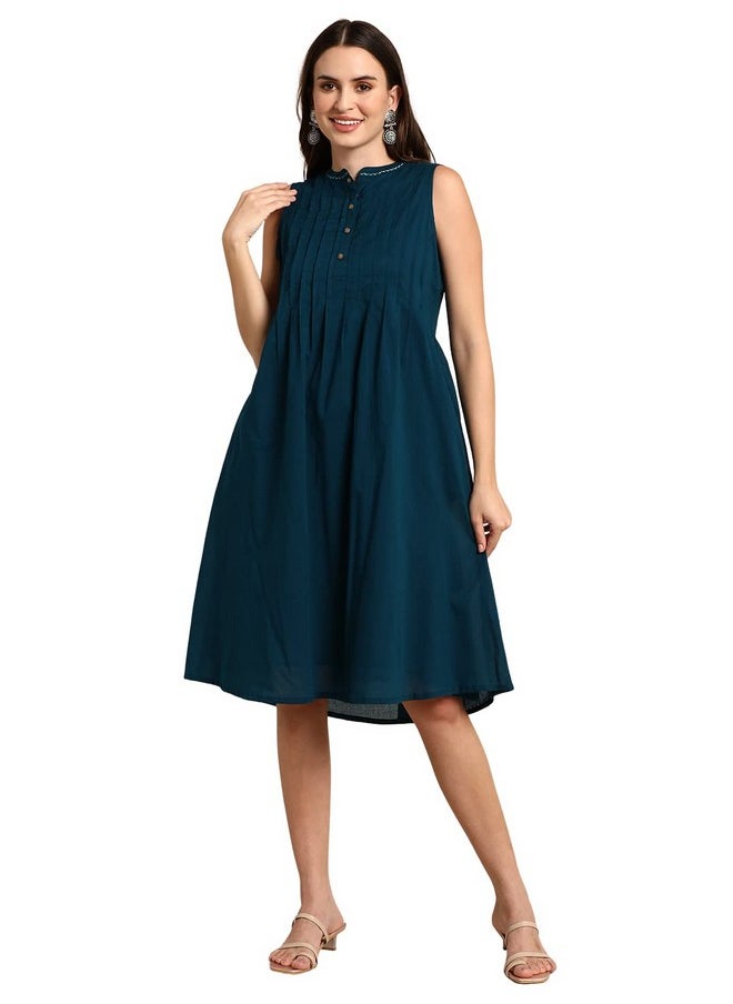 Janasya - Janasya Women's Teal Cotton Western Dress (J0395-DR-L) - Image 1