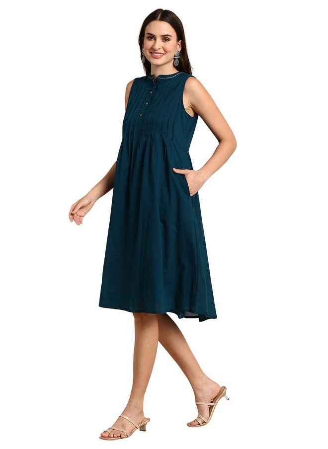 Janasya - Janasya Women's Teal Cotton Western Dress (J0395-DR-L) - Image 1