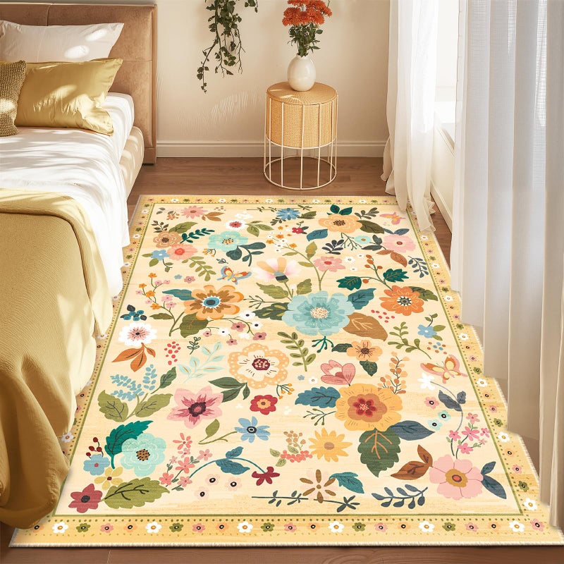 RELEANY Floral Nursery 5x7 Area Rugs Washable Print Boho Cute Carpet Non Slip Flower Low Pile for Living Room Kids Girls Playroom Bedroom Kitchen Office Farmhouse-Ivory/Yellow - Image 3