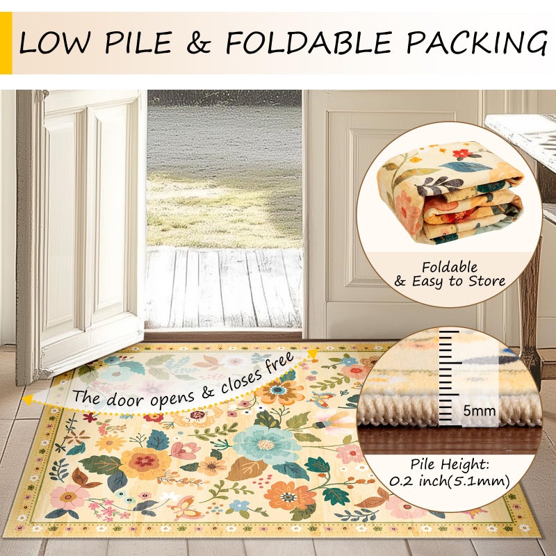 RELEANY Floral Nursery 5x7 Area Rugs Washable Print Boho Cute Carpet Non Slip Flower Low Pile for Living Room Kids Girls Playroom Bedroom Kitchen Office Farmhouse-Ivory/Yellow - Image 5