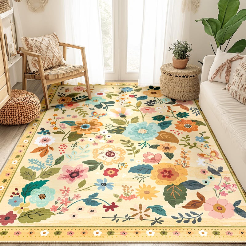 RELEANY Floral Nursery 5x7 Area Rugs Washable Print Boho Cute Carpet Non Slip Flower Low Pile for Living Room Kids Girls Playroom Bedroom Kitchen Office Farmhouse-Ivory/Yellow - Image 1