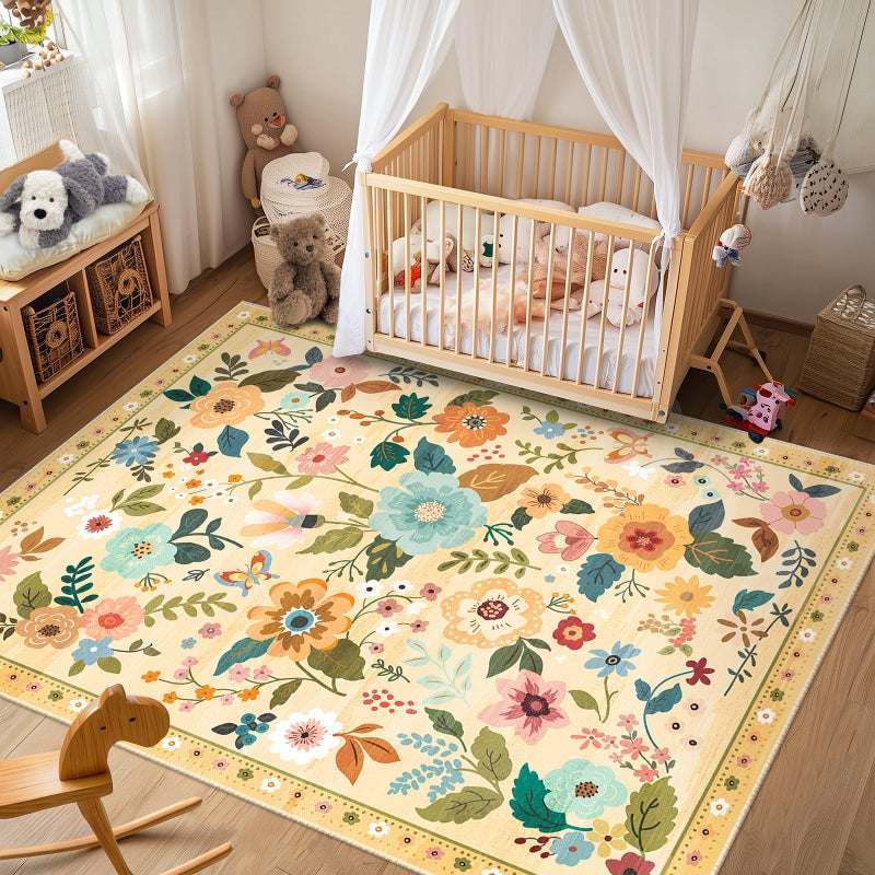 RELEANY Floral Nursery 5x7 Area Rugs Washable Print Boho Cute Carpet Non Slip Flower Low Pile for Living Room Kids Girls Playroom Bedroom Kitchen Office Farmhouse-Ivory/Yellow - Image 2