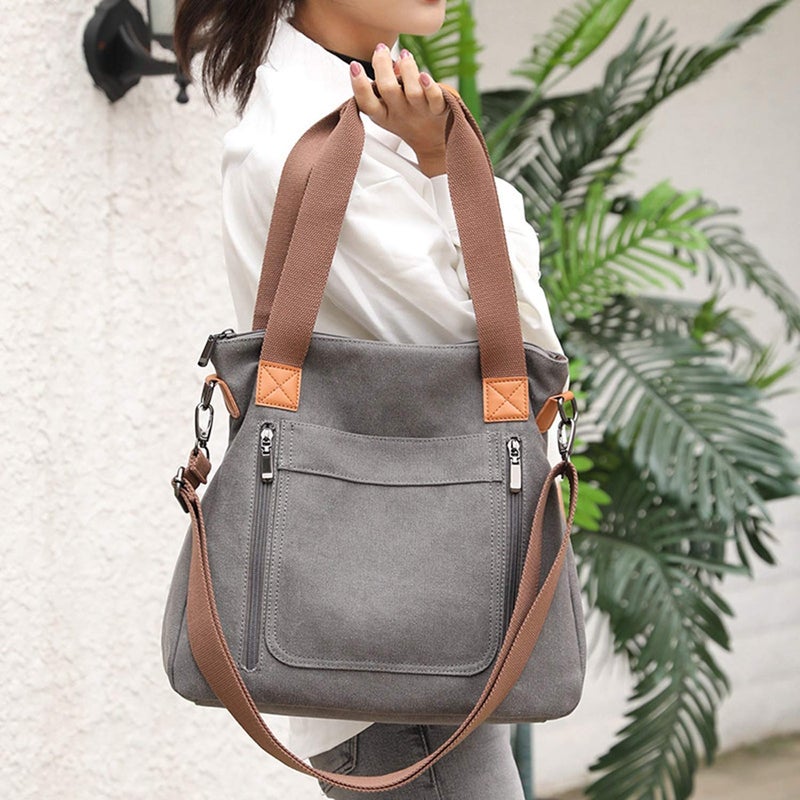 Sunshinejing Women's Canvas Tote Handbags Vintage Casual Shoulder Work Bag Crossbody Purses (Brown) One Size - Image 2