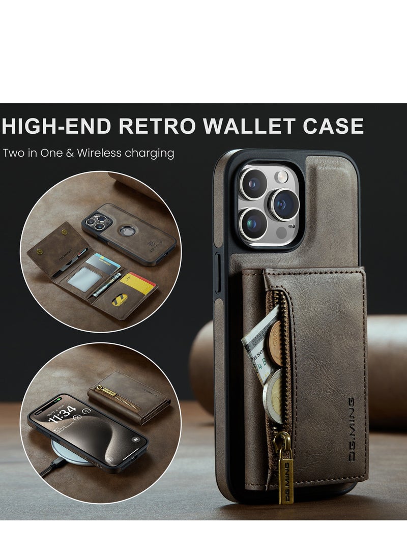 Dg Ming 2 in 1 Clutch Wallet for Iphone 15 Pro, Vintage Slim Leather Case Magnetic Detachable Tri-Fold Wallet, Leather Case with Card Holder Pocket Slim Case  - Image 3