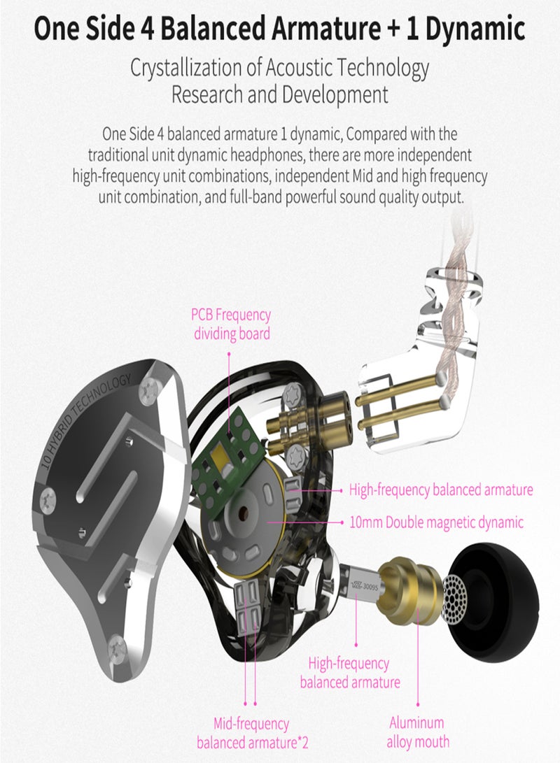 كي زد سماعات أذن KZ ZS10 PRO بتقنية هجينة، 10 وحدات، 4BA+1DD، 5 محركات، سماعات أذن مريحة معدنية داخل الأذن، مع كابل قابل للفصل 0.75 مم 2PIN، سماعة إلغاء الضوضاء (مع ميكروفون) - Image 4