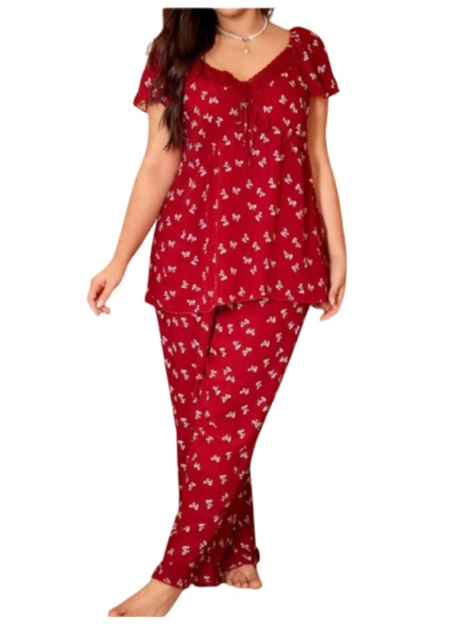 Special Size Short Sleeve Pajama Set - Bow Print - Burgundy - Image 1